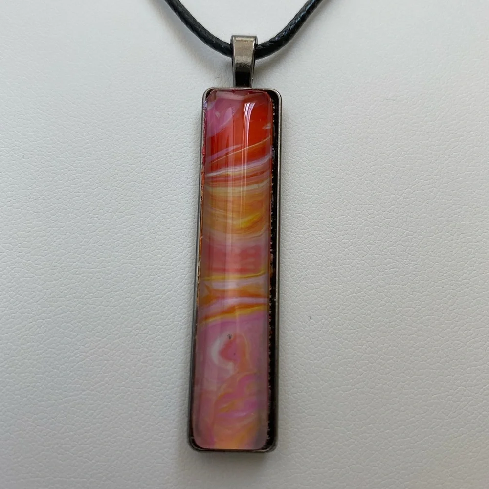 Hand Crafted Necklace Pink Red Yellow Fluid Art Pendant by Svetlana Yeung - Picture 4 of 8